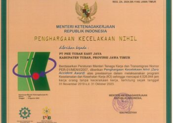 PHE Tuban East Java Raih “Penghargaan Kecelakaan Nihil” dari Kemenaker RI