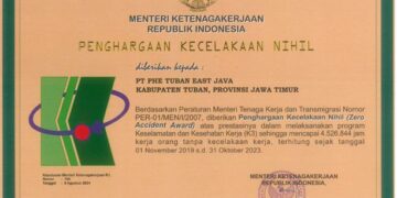PHE Tuban East Java Raih “Penghargaan Kecelakaan Nihil” dari Kemenaker RI
