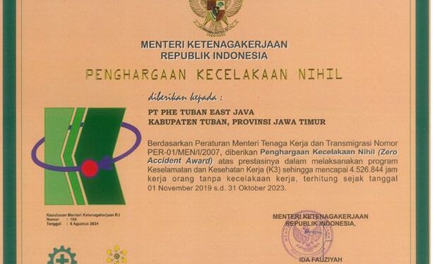 PHE Tuban East Java Raih “Penghargaan Kecelakaan Nihil” dari Kemenaker RI